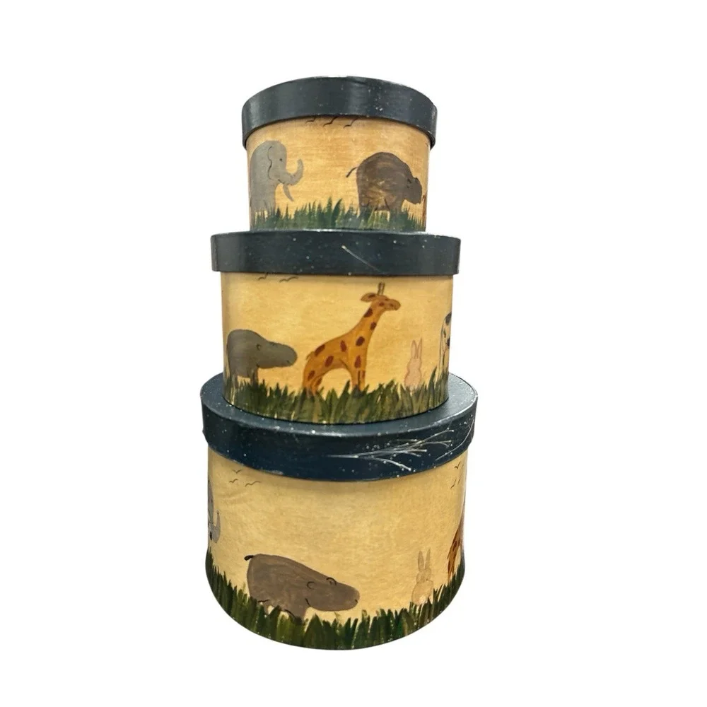 Vintage Hand-painted Nesting‎ Box 3 PC Set With Animals Nursery Farmhouse Decor